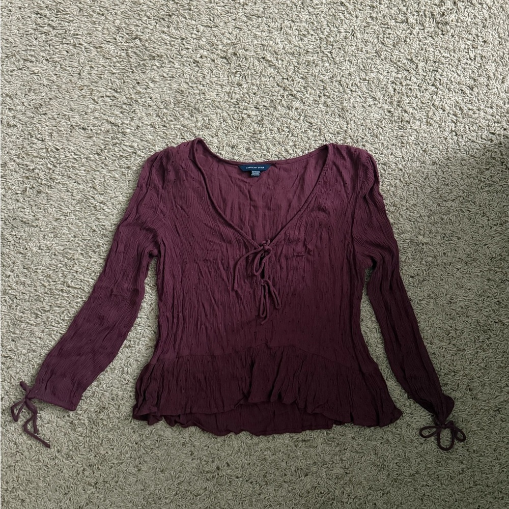 American Eagle Outfitters Red Ruched Tie Front Blouse with 3/4 Sleeves